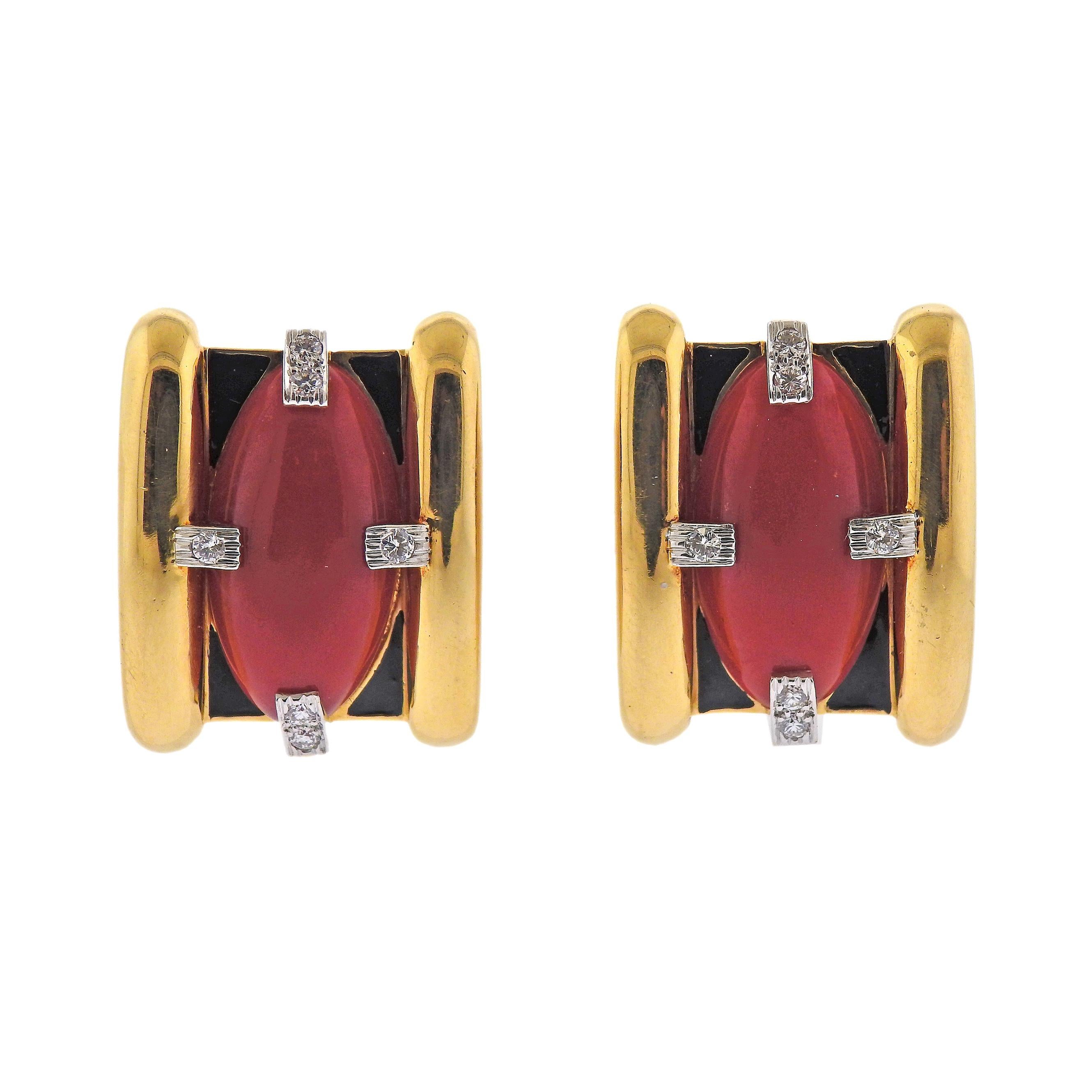 David Webb Coral Diamond Enamel Gold and Platinum Earrings For Sale