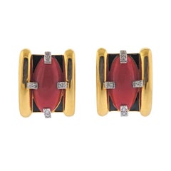 David Webb Coral Diamond Enamel Gold and Platinum Earrings