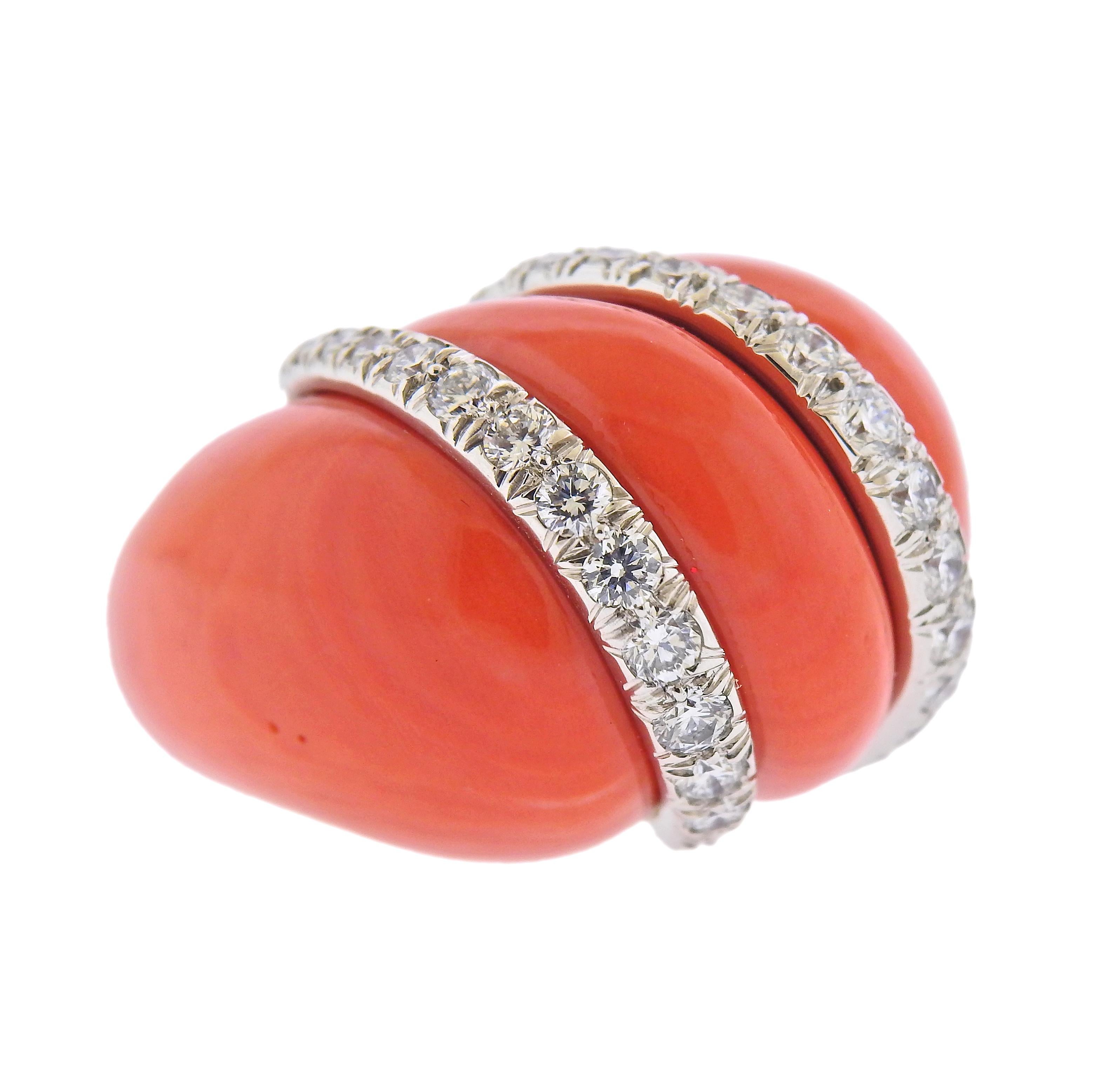 Impressive David Webb ring in 18k gold and platinum, set with coral top and approx. 1.50ctw in diamonds. Ring size - 5, ring top - 20mm wide, sits approx. 18mm from the finger. Comes with David Webb box and certificate. Marked: David Webb, 18k,