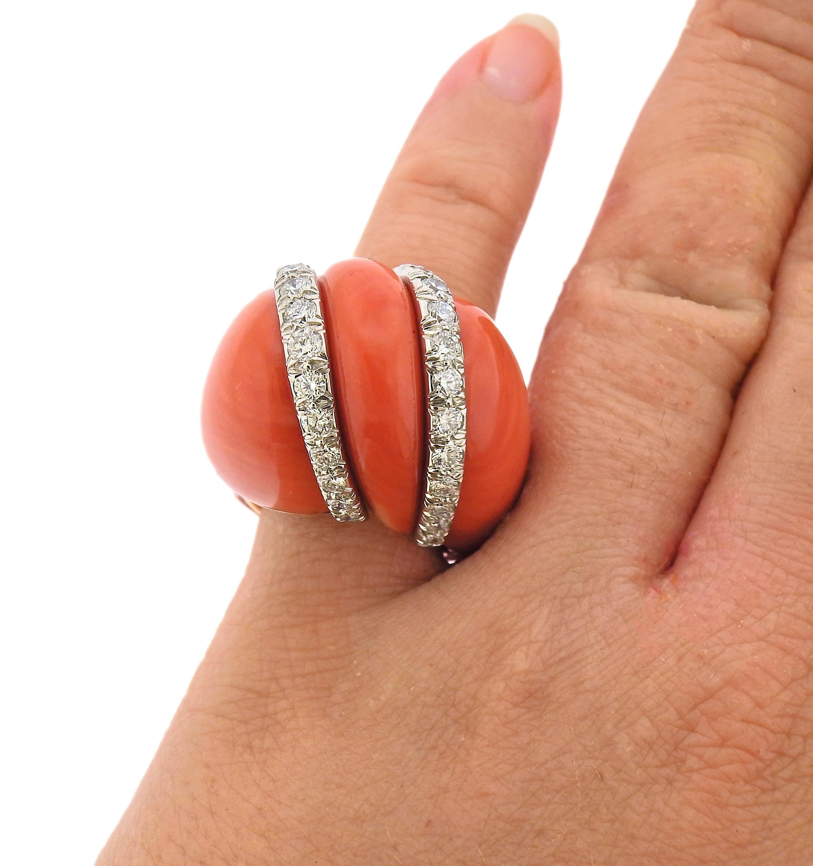 Women's David Webb Coral Diamond Gold Platinum Ring For Sale