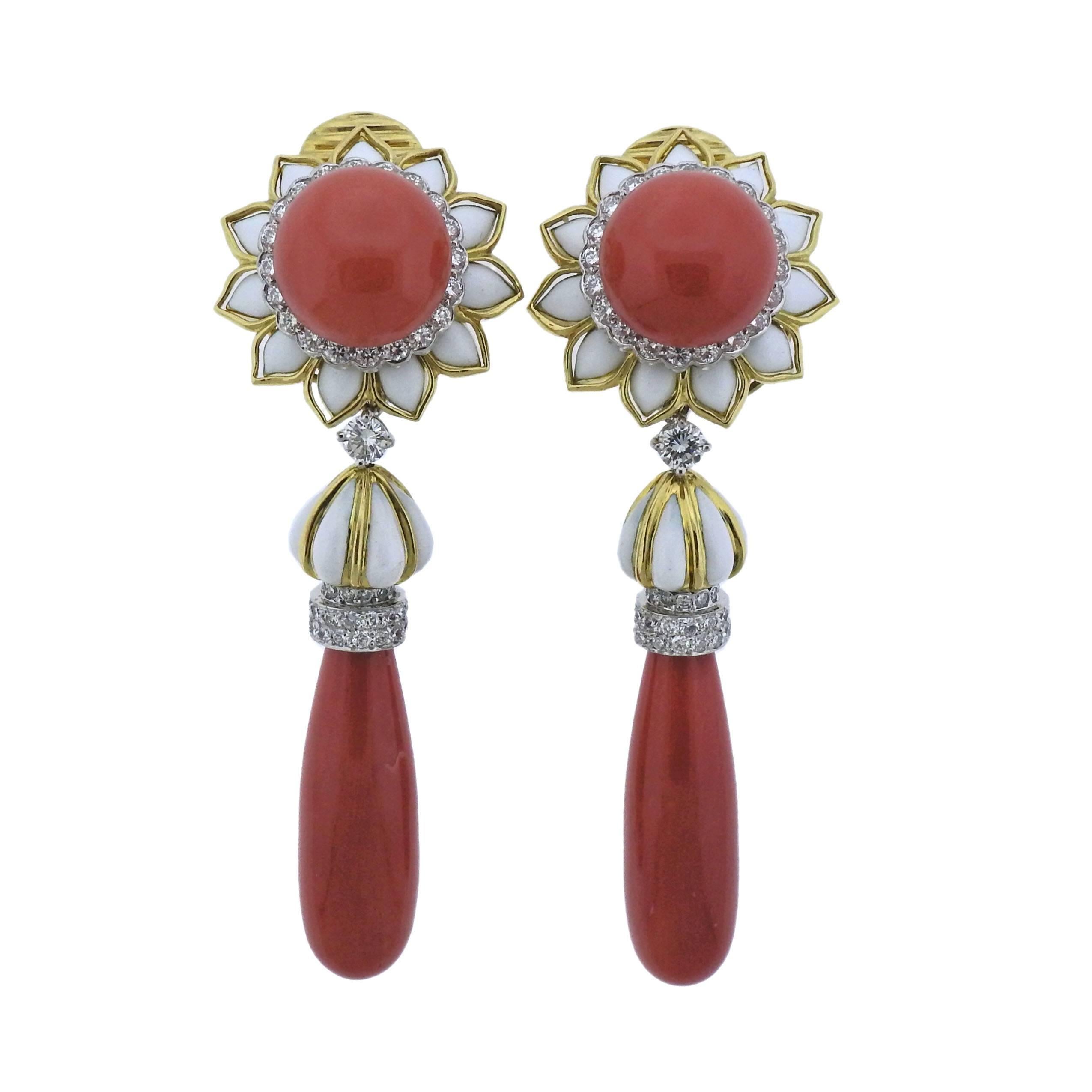 David Webb Coral Diamond Platinum Gold Day and Night Earrings For Sale