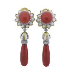David Webb Coral Diamond Platinum Gold Day and Night Earrings