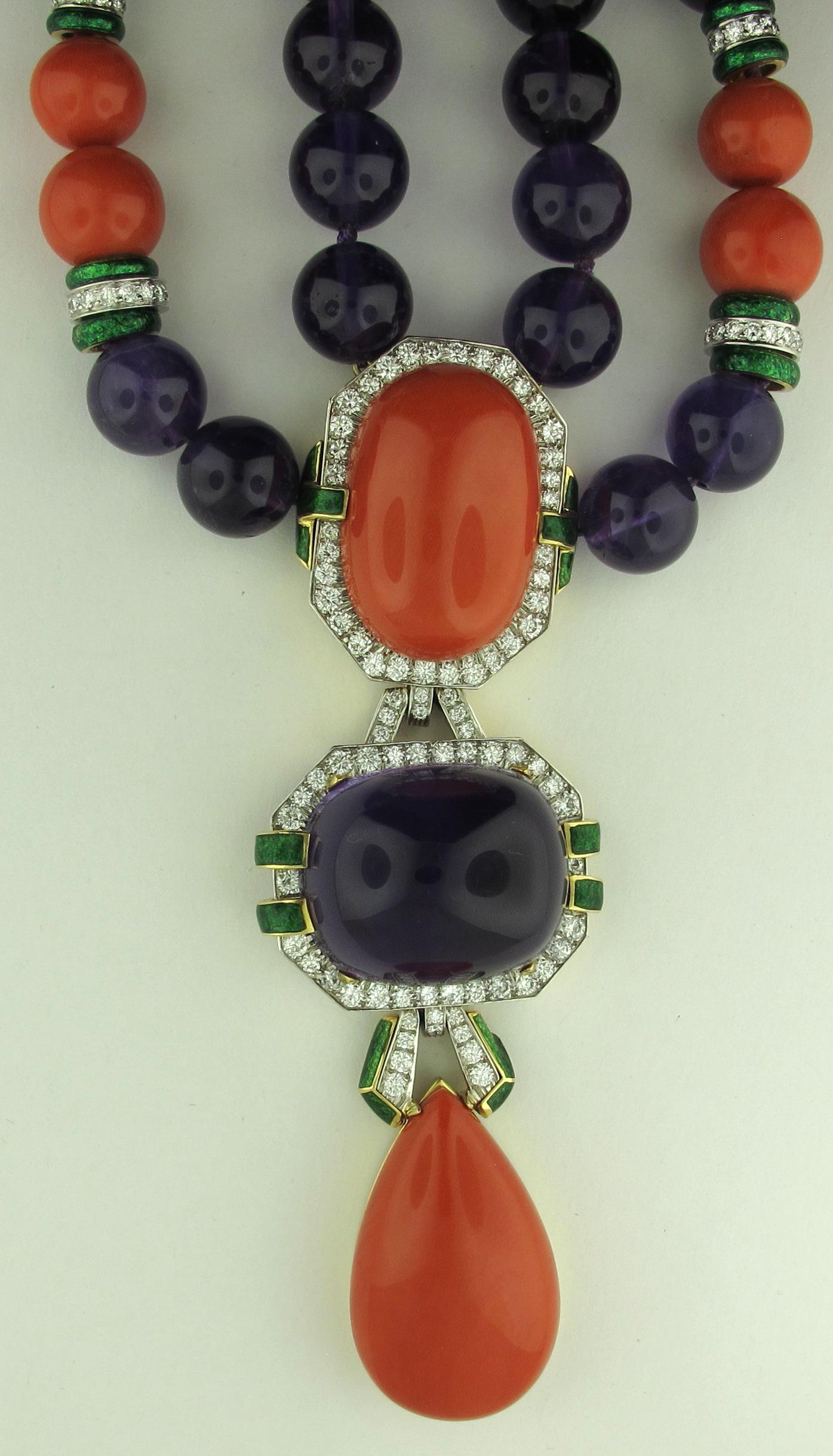 David Webb  Coral Emerald Diamond Amethyst Necklace In Excellent Condition In Palm Desert, CA