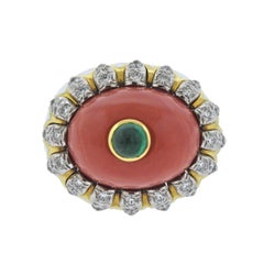 David Webb Coral Emerald Diamond Enamel Gold Platinum Ring