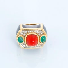 David Webb Coral, Emerald, Diamond, Onyx, Gold Ring  Size 7