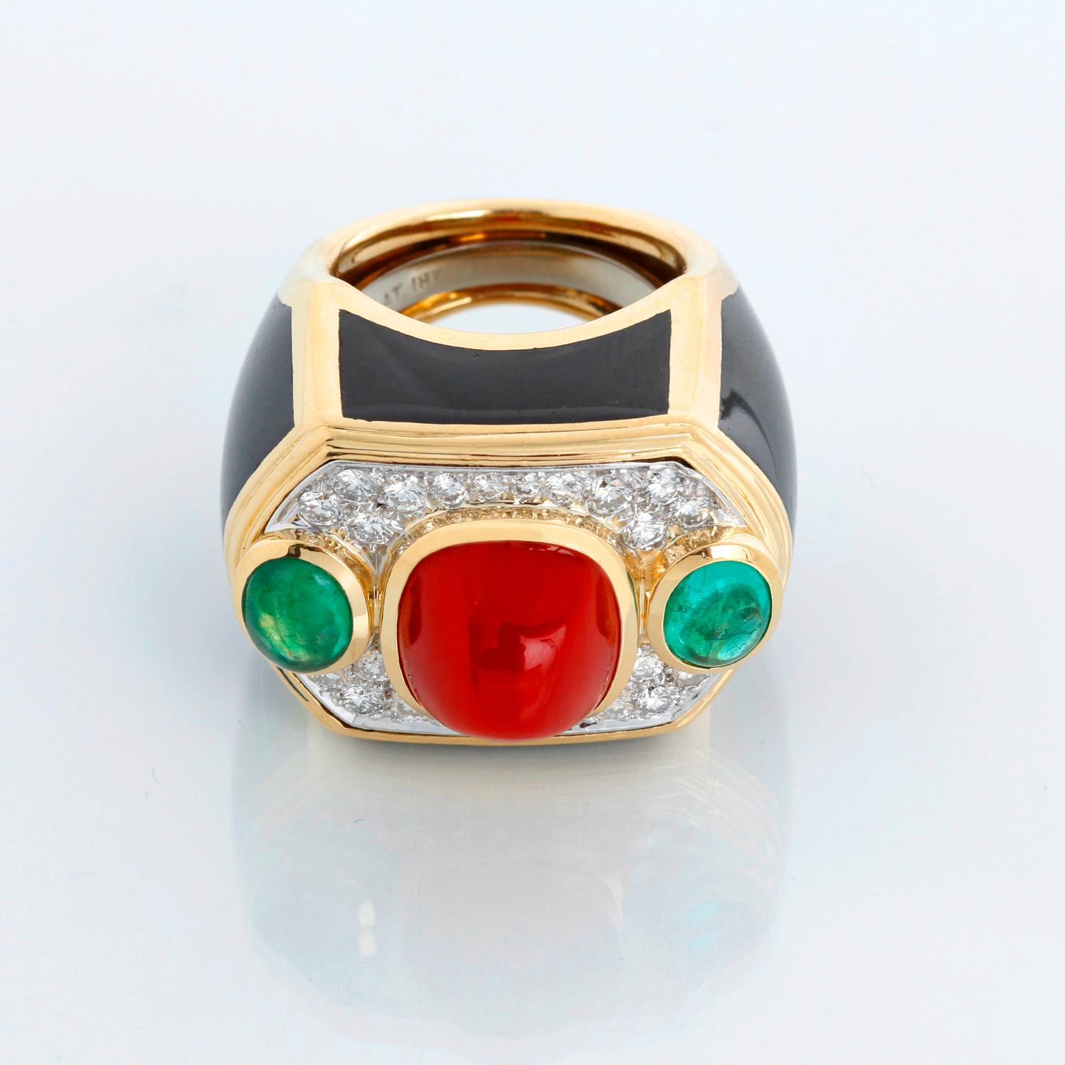 David Webb Coral, Emerald, Diamond, Onyx, Gold Ring  Size 7 In Excellent Condition For Sale In Dallas, TX