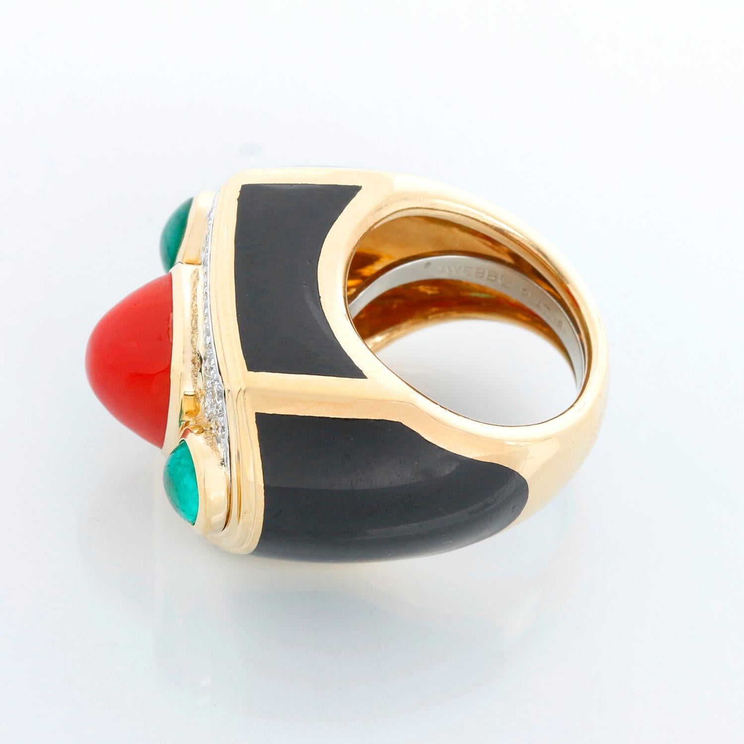 Women's David Webb Coral, Emerald, Diamond, Onyx, Gold Ring  Size 7 For Sale