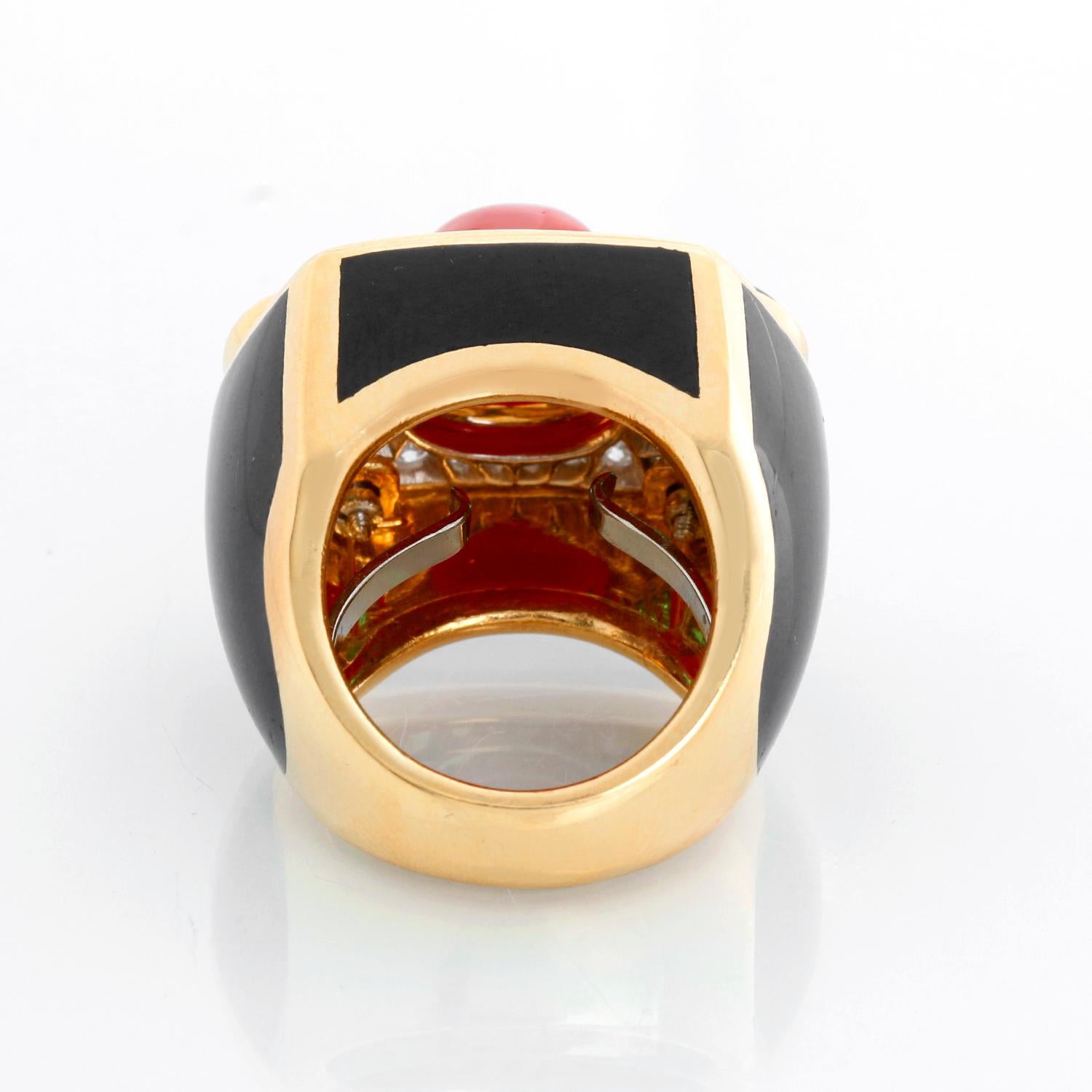 David Webb Coral, Emerald, Diamond, Onyx, Gold Ring  Size 7 For Sale 1