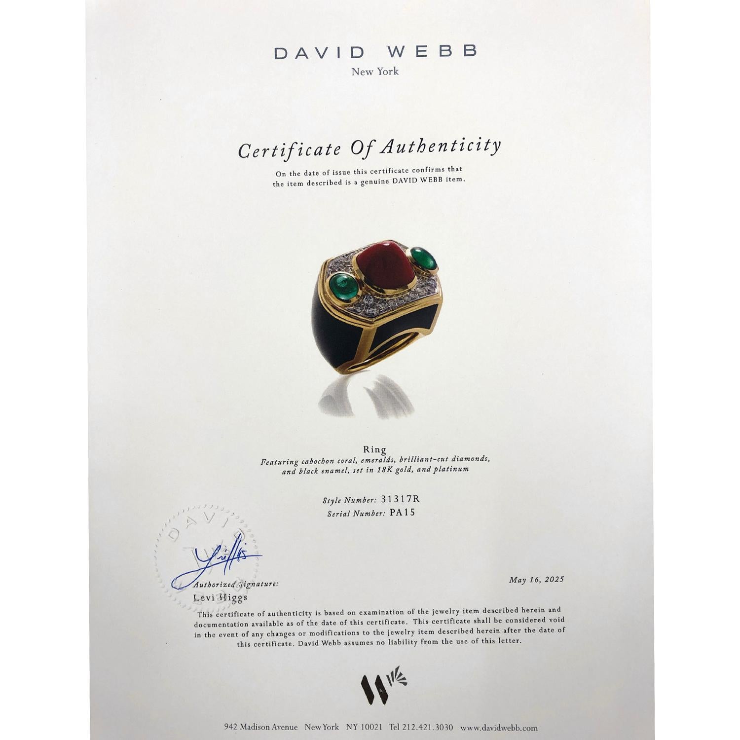 David Webb Coral, Emerald, Diamond, Onyx, Gold Ring  Size 7 For Sale 2