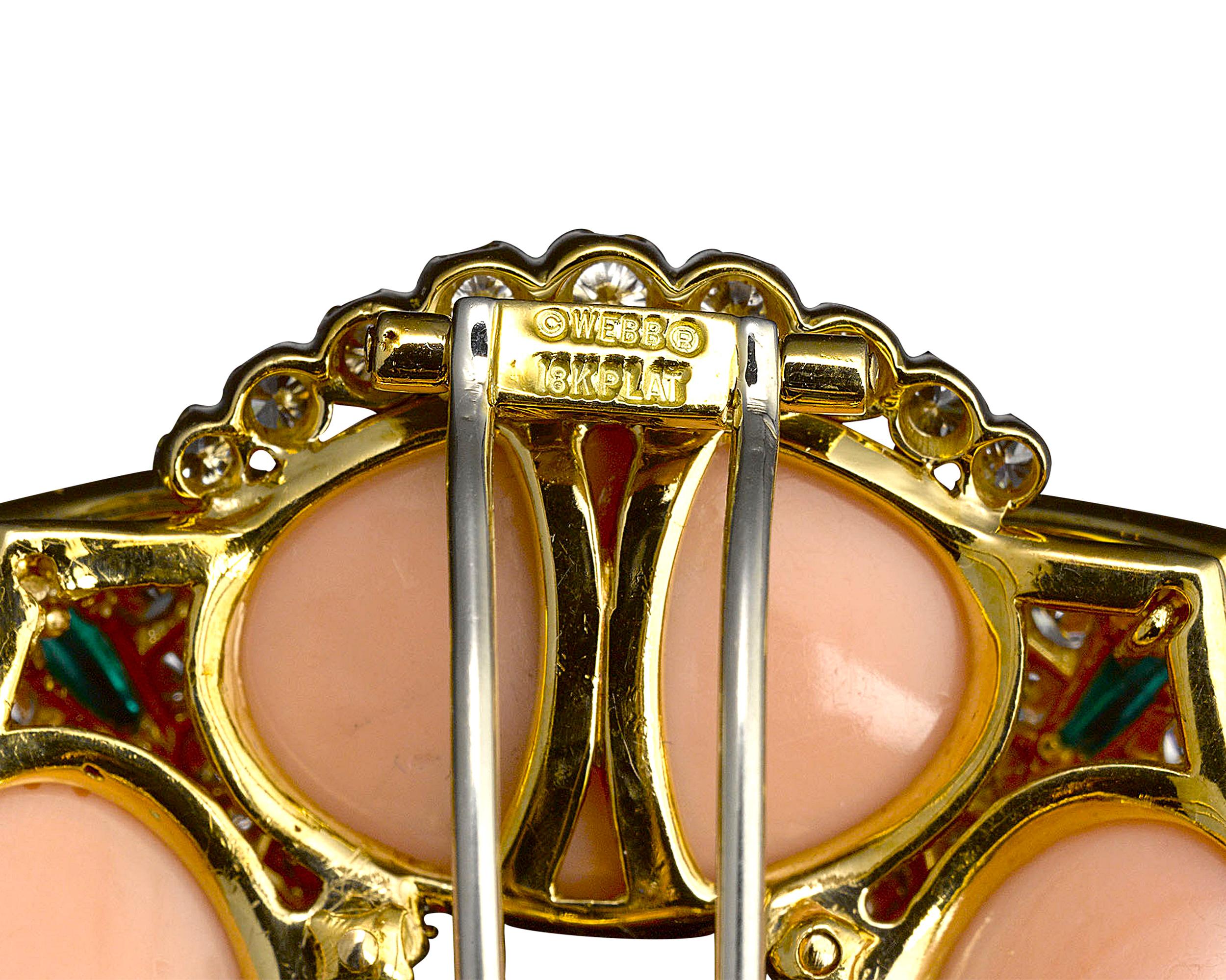 Retro David Webb Coral Emerald Diamond Pin For Sale