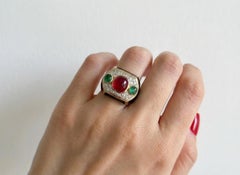 David Webb Coral Emerald Diamond Ring 18K