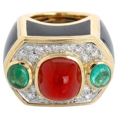 David Webb Coral Emerald Diamond Ring 18K