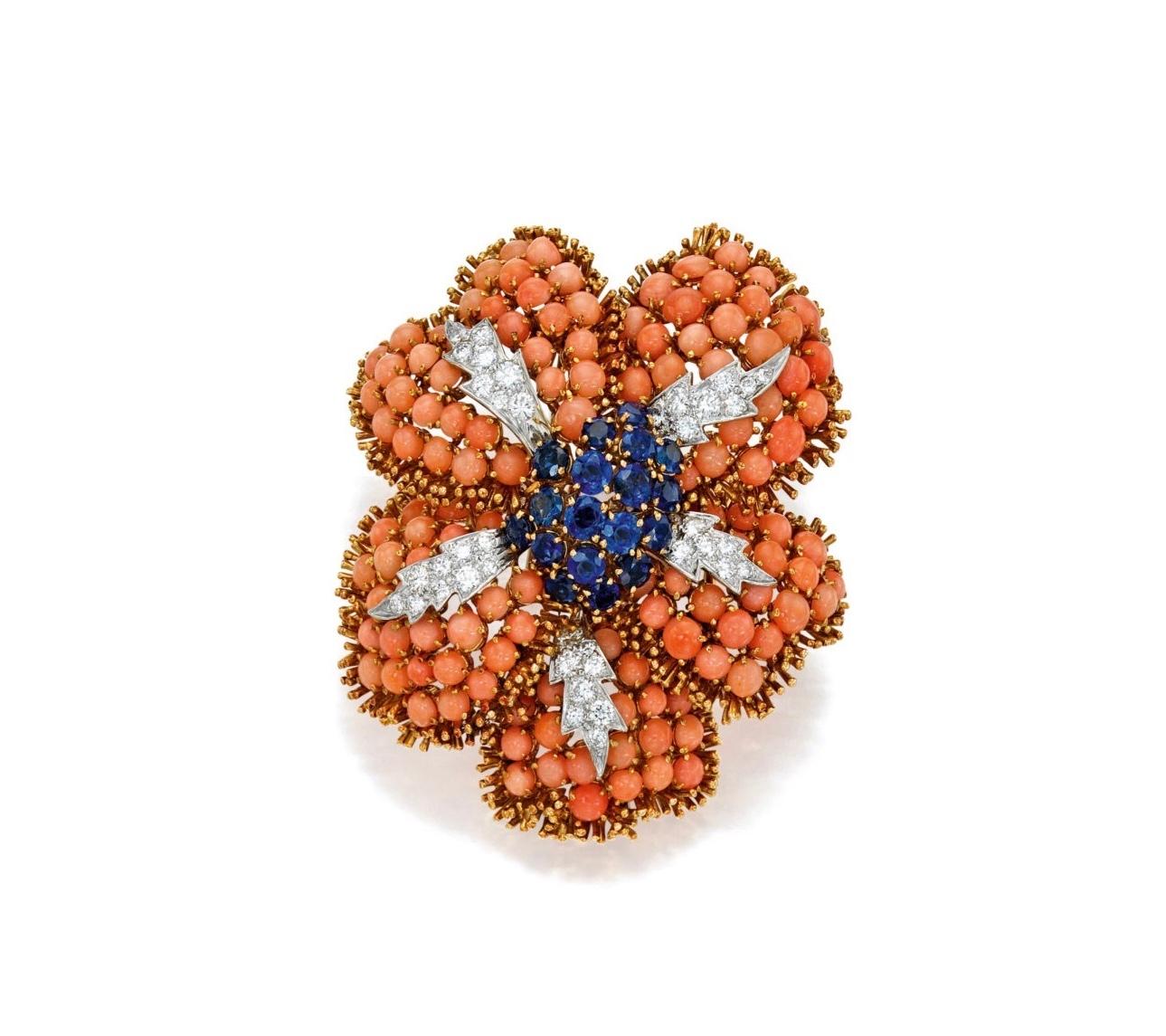 Mixed Cut David Webb Coral & Gemstone Flower Brooch-Pendant For Sale