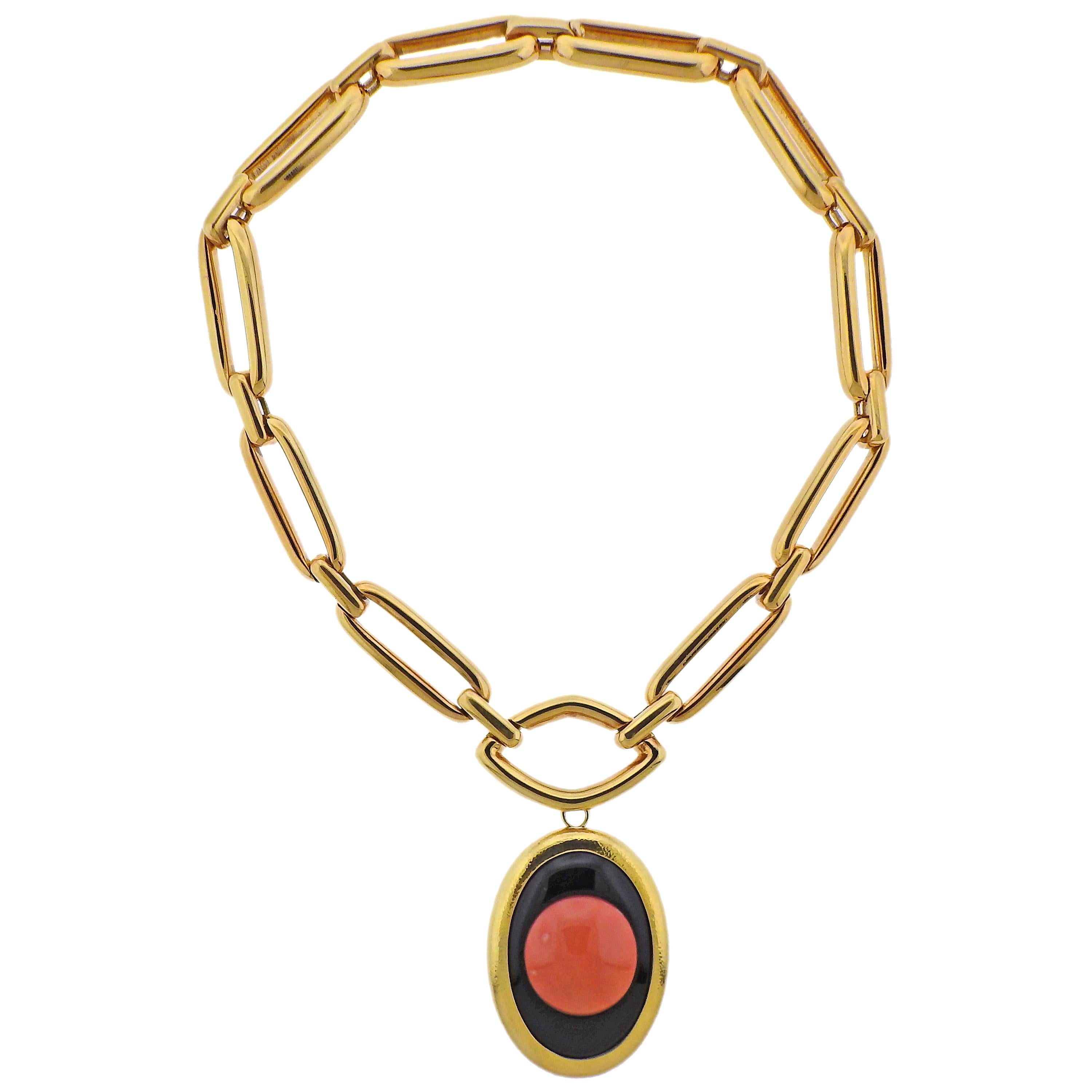 David Webb Coral Onyx Pendant Brooch on Gold Link Necklace