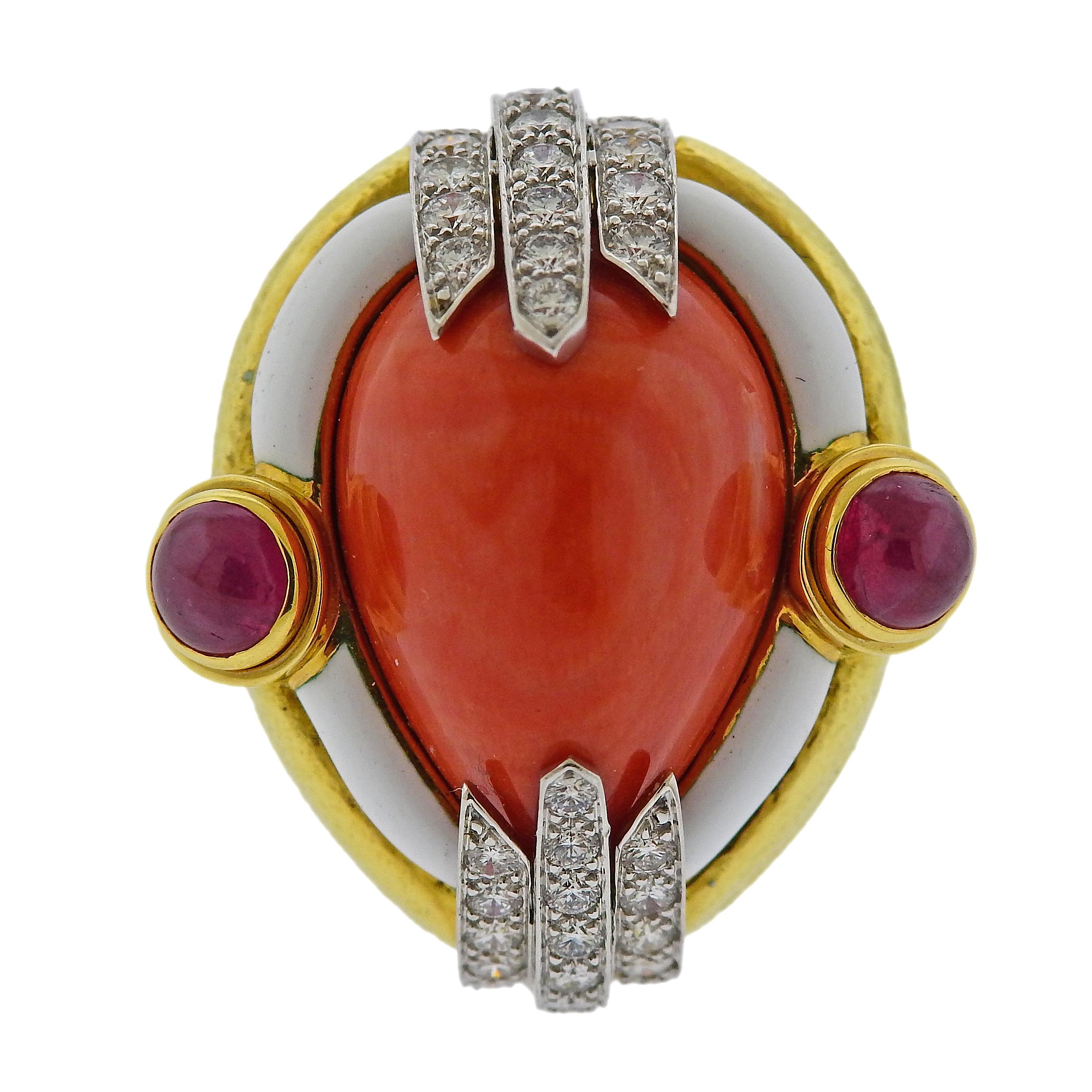 Imprssive 18k gold and platinum ring by David Webb, set with coral, approx. 1.50ctw in diamonds and ruby cabochons. Diamonds - 1.50ctw, Ruby 5.2mm, Coral 10.8mm x 14.5mm. Ring size is - 6, ring top measures 30mm x 27mm. Weight is 27.6 grams. David