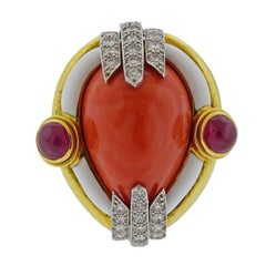 David Webb Coral Ruby Diamond Enamel Gold Platinum Ring