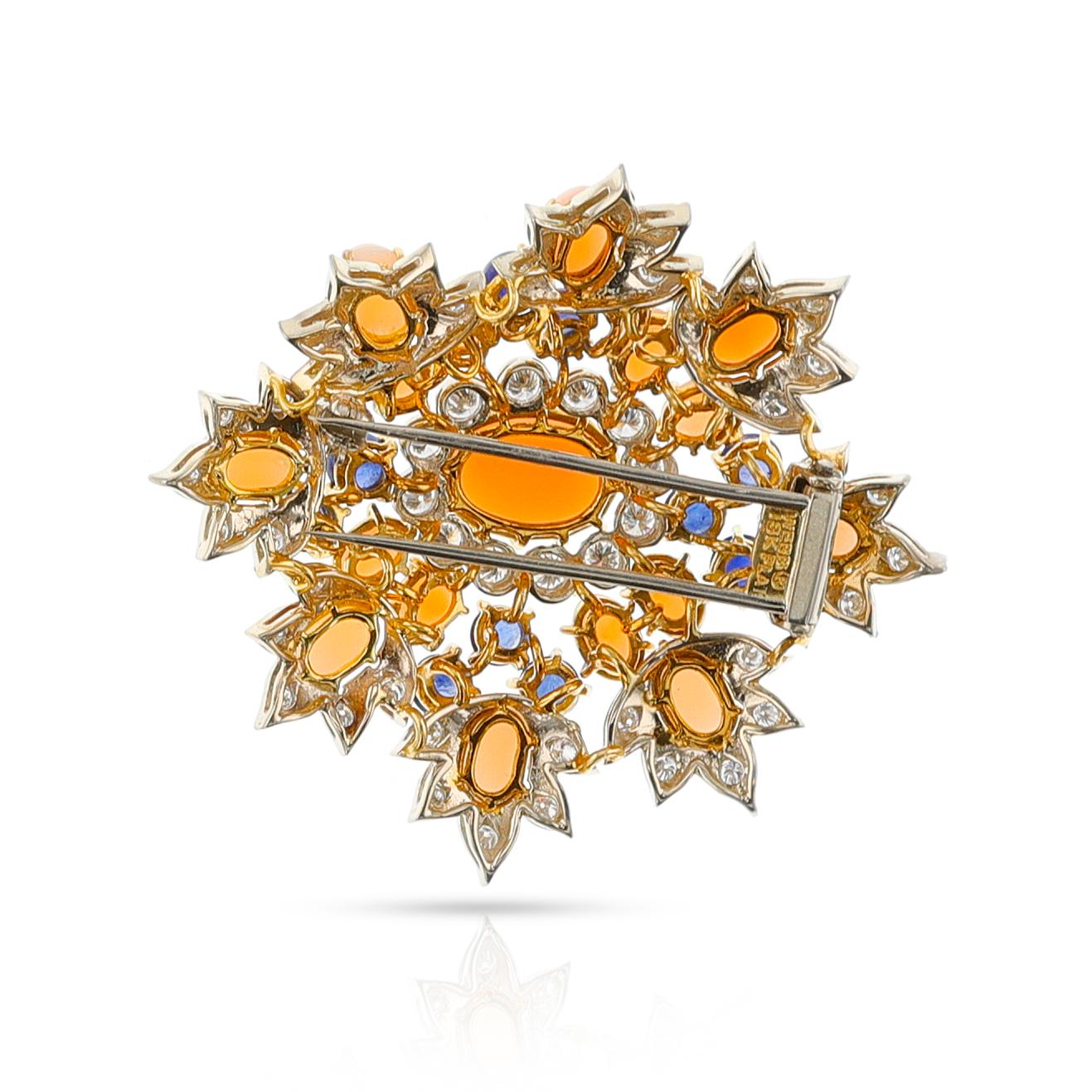 Cabochon David Webb Coral, Sapphire and Diamond Brooch, Gold & Platinum For Sale