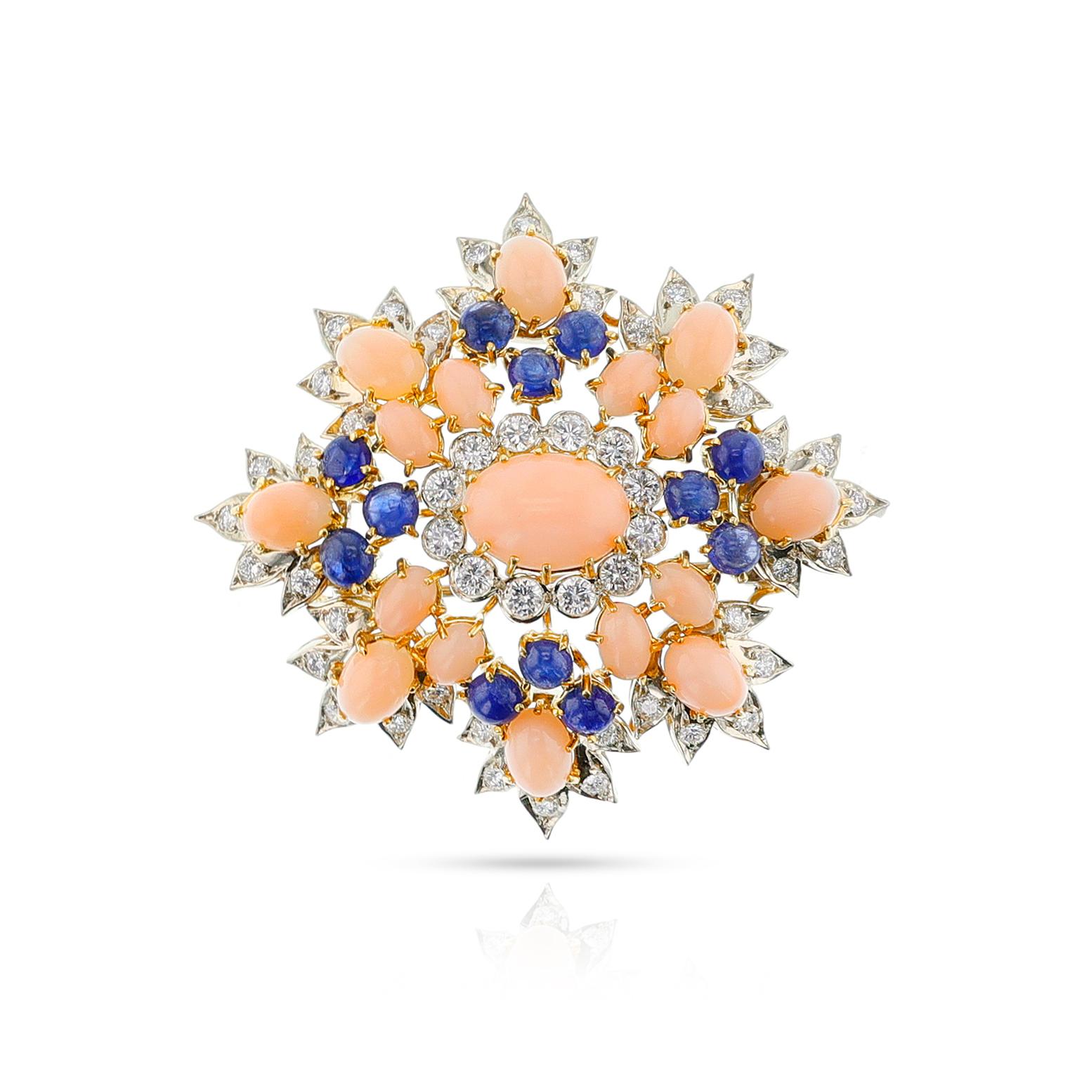 David Webb Coral, Sapphire and Diamond Brooch, Gold & Platinum In Excellent Condition For Sale In New York, NY
