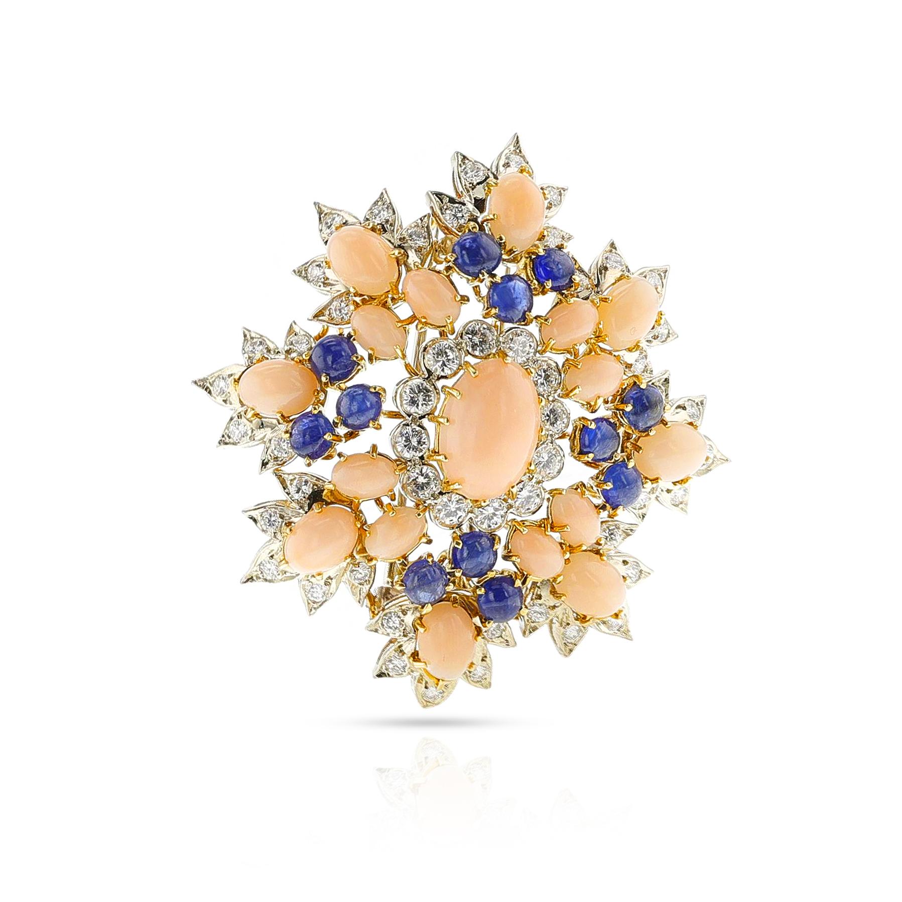 Women's or Men's David Webb Coral, Sapphire and Diamond Brooch, Gold & Platinum For Sale