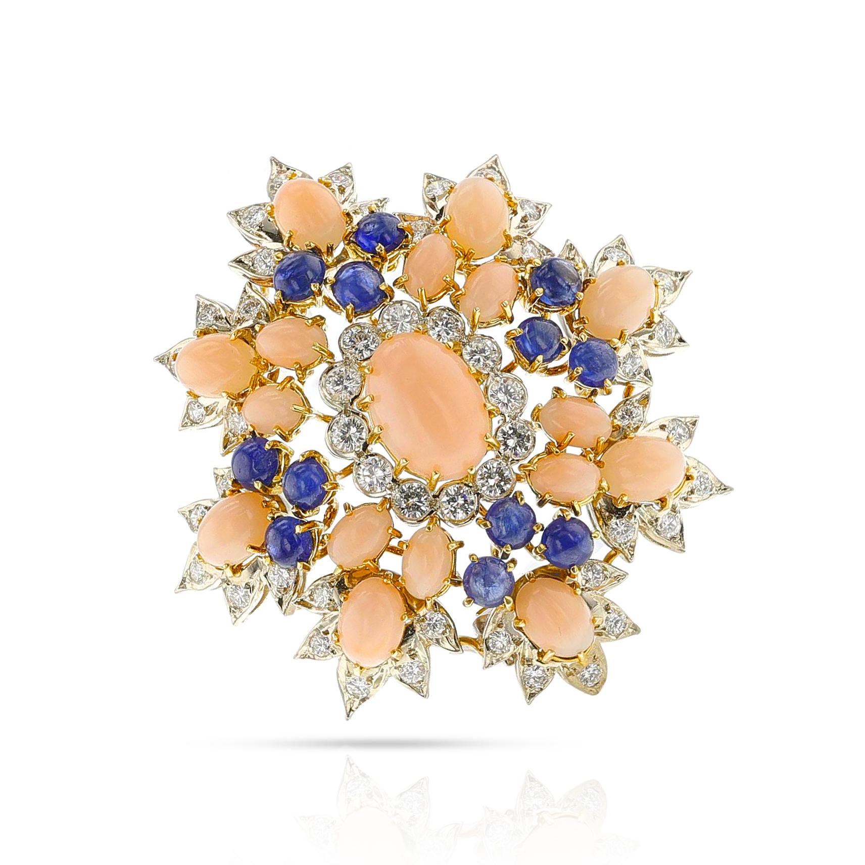 David Webb Coral, Sapphire and Diamond Brooch, Gold & Platinum For Sale 1