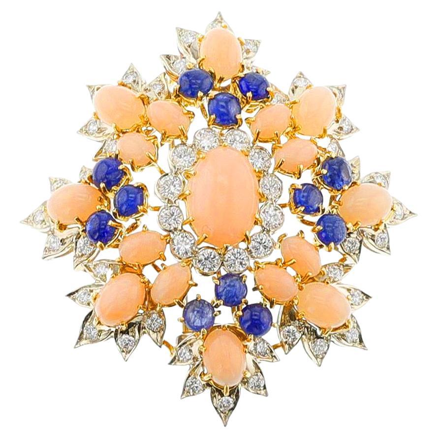David Webb Coral, Sapphire and Diamond Brooch, Gold & Platinum For Sale