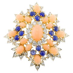 Vintage David Webb Coral, Sapphire and Diamond Brooch, Gold & Platinum