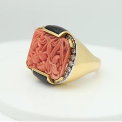 David Webb Coral Vintage Carved Floral Platinum & 18k Black Enamel Diamonds