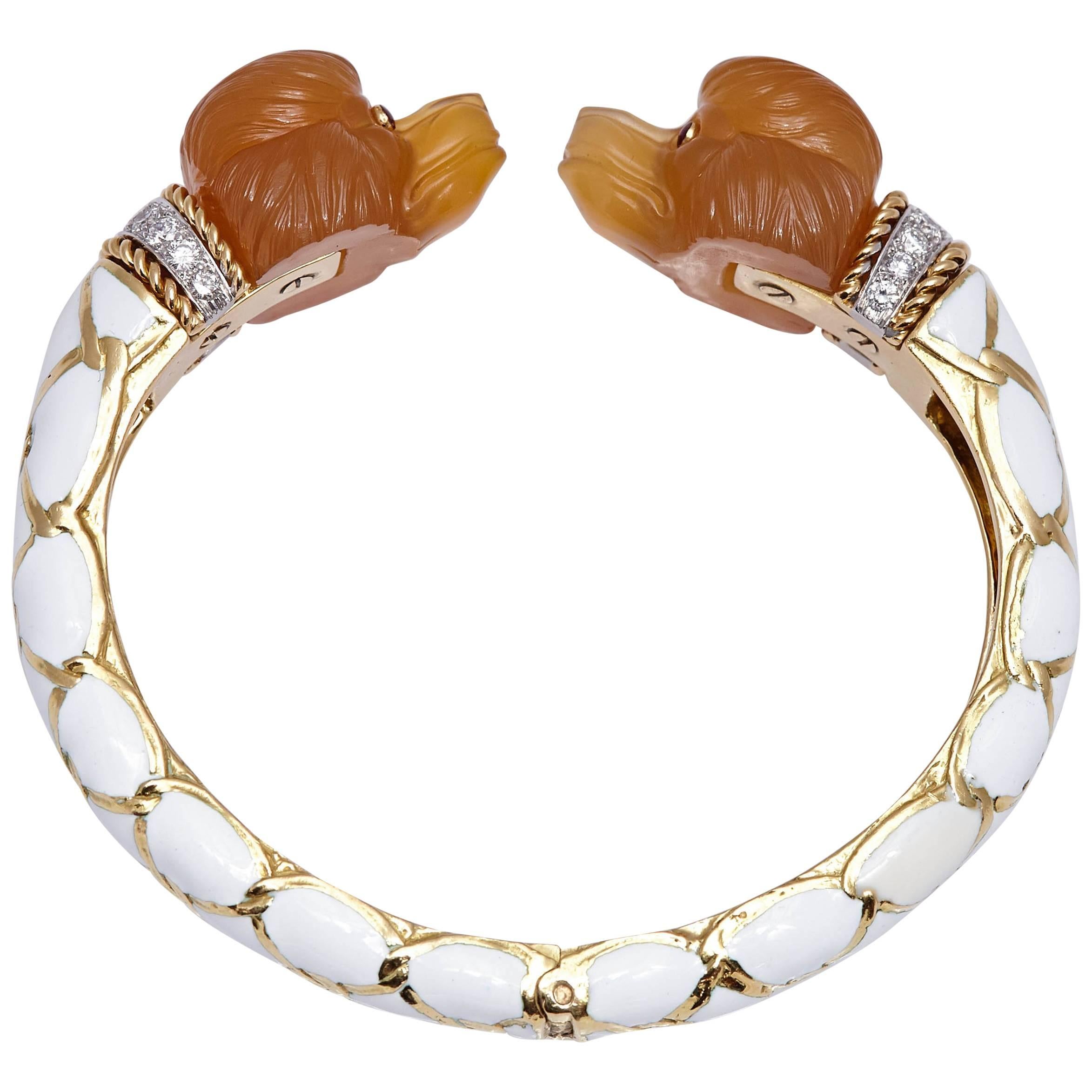 David Webb Cornelian White Enamel Poodle Bracelet For Sale