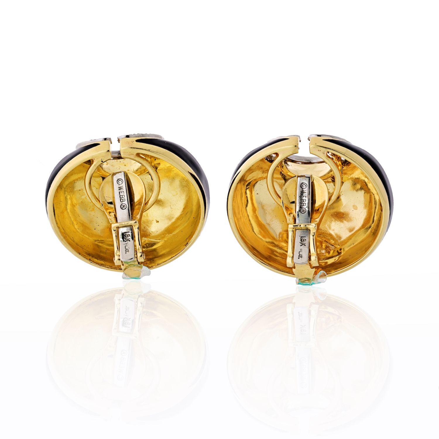Moderne David Webb Boucles d'oreilles en forme de croissant en platine, or jaune 18 carats, émail noir et diamants en vente