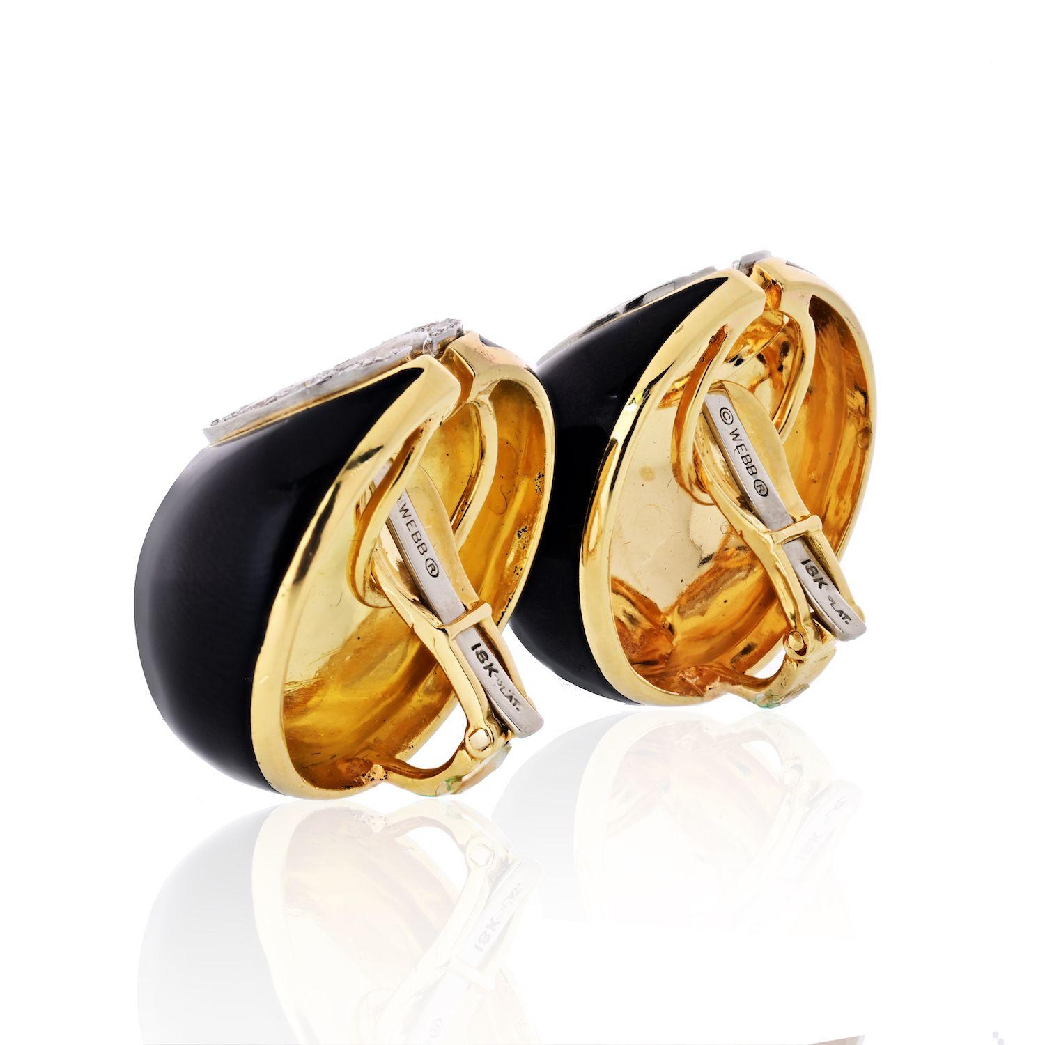 Modern David Webb Crescent Platinum & 18K Yellow Gold Black Enamel & Diamonds Earrings For Sale
