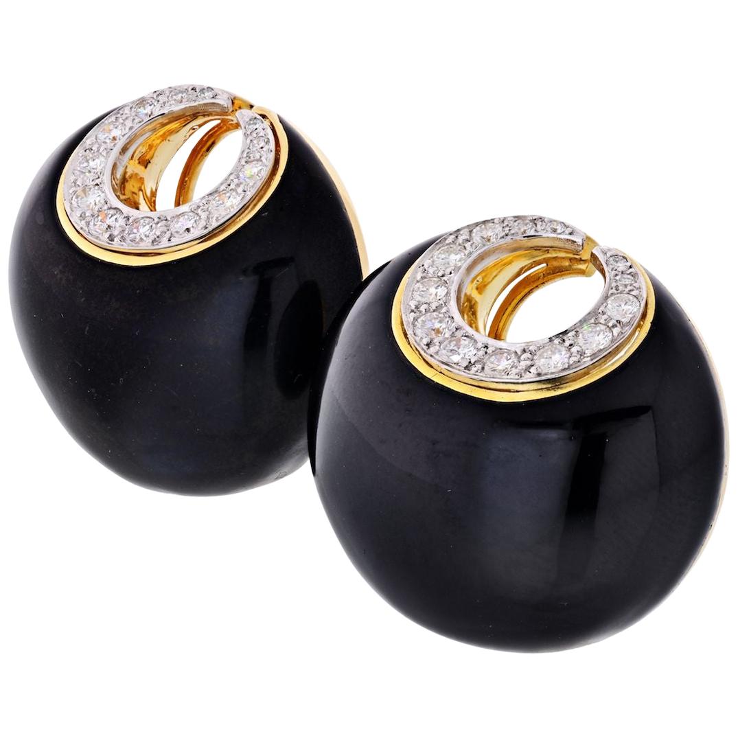 David Webb Crescent Platinum & 18K Yellow Gold Black Enamel & Diamonds Earrings For Sale