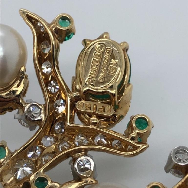 Cabochon David Webb Cross River Collection Cab Emerald, Pearl, and Diamond Clip Brooch For Sale