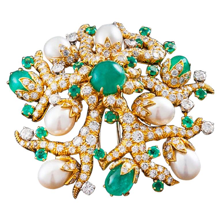 David Webb Cross River Collection Cab Emerald, Pearl, and Diamond Clip Brooch For Sale