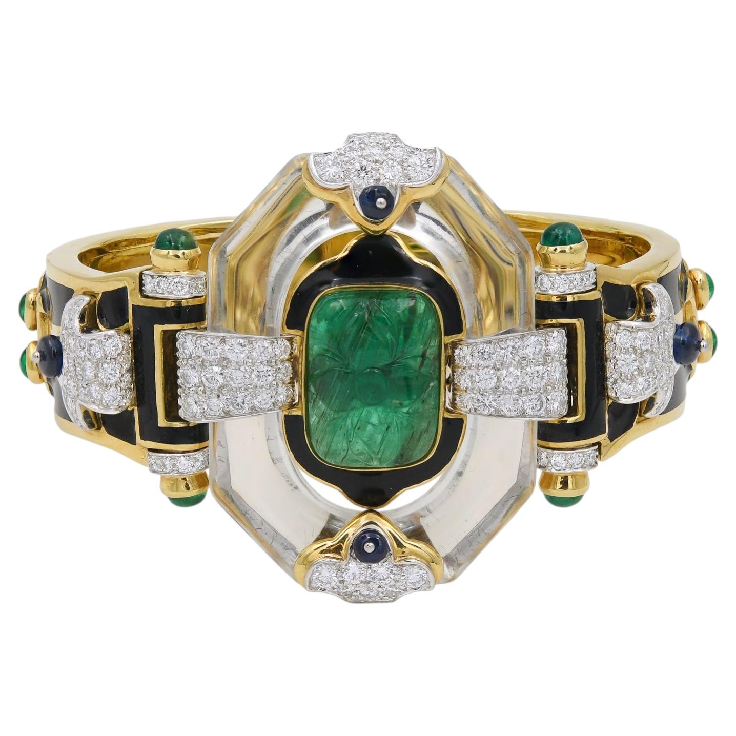 Pre-owned David Webb Cross River Emerald Diamond Bangle Bracelet In Green