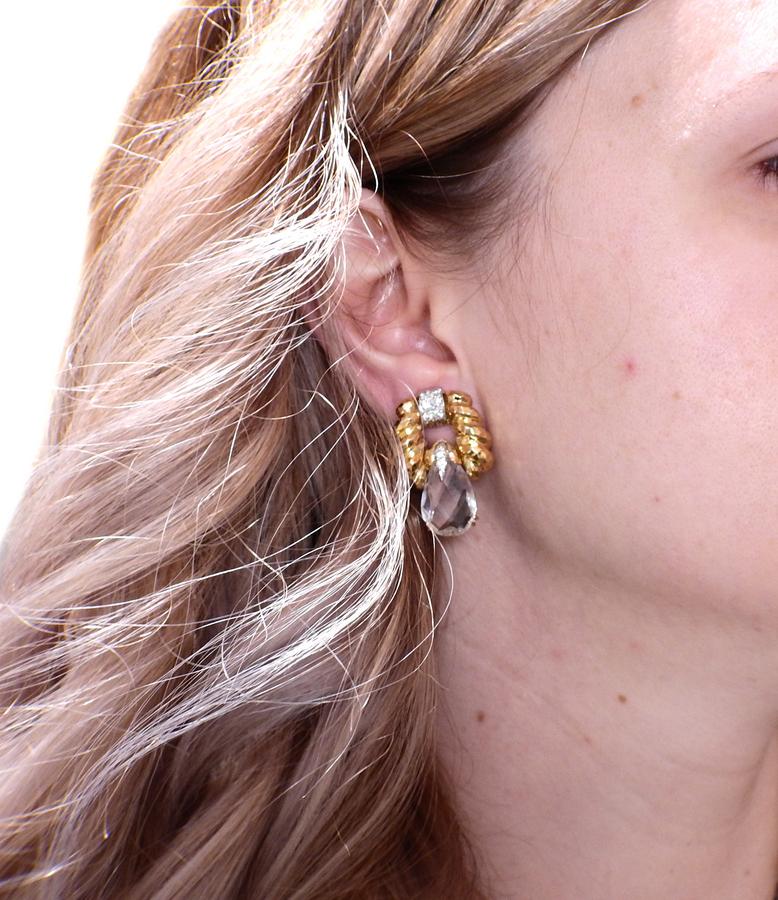 Women's or Men's David Webb Crystal Diamond Gold Platinum Doorknocker Earrings