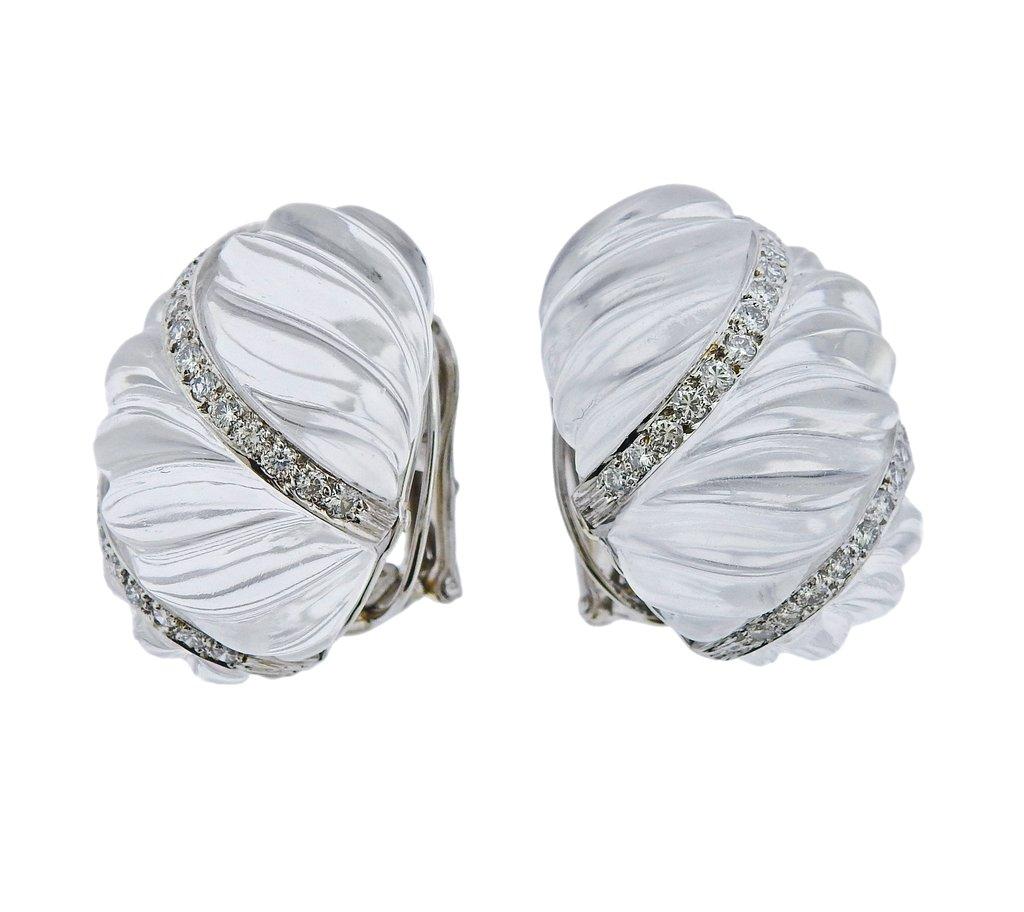 Pair of 18k gold and platinum earrings, set with fluted crystal and approx. 0.64ctw in H/VS diamonds. Earrings are 29mm x 21mm. Weight 46.6 grams. Marked David Webb,  18k, 900pt.