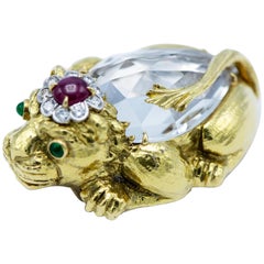 David Webb Crystal, Ruby, Emerald and Diamond Lion Brooch