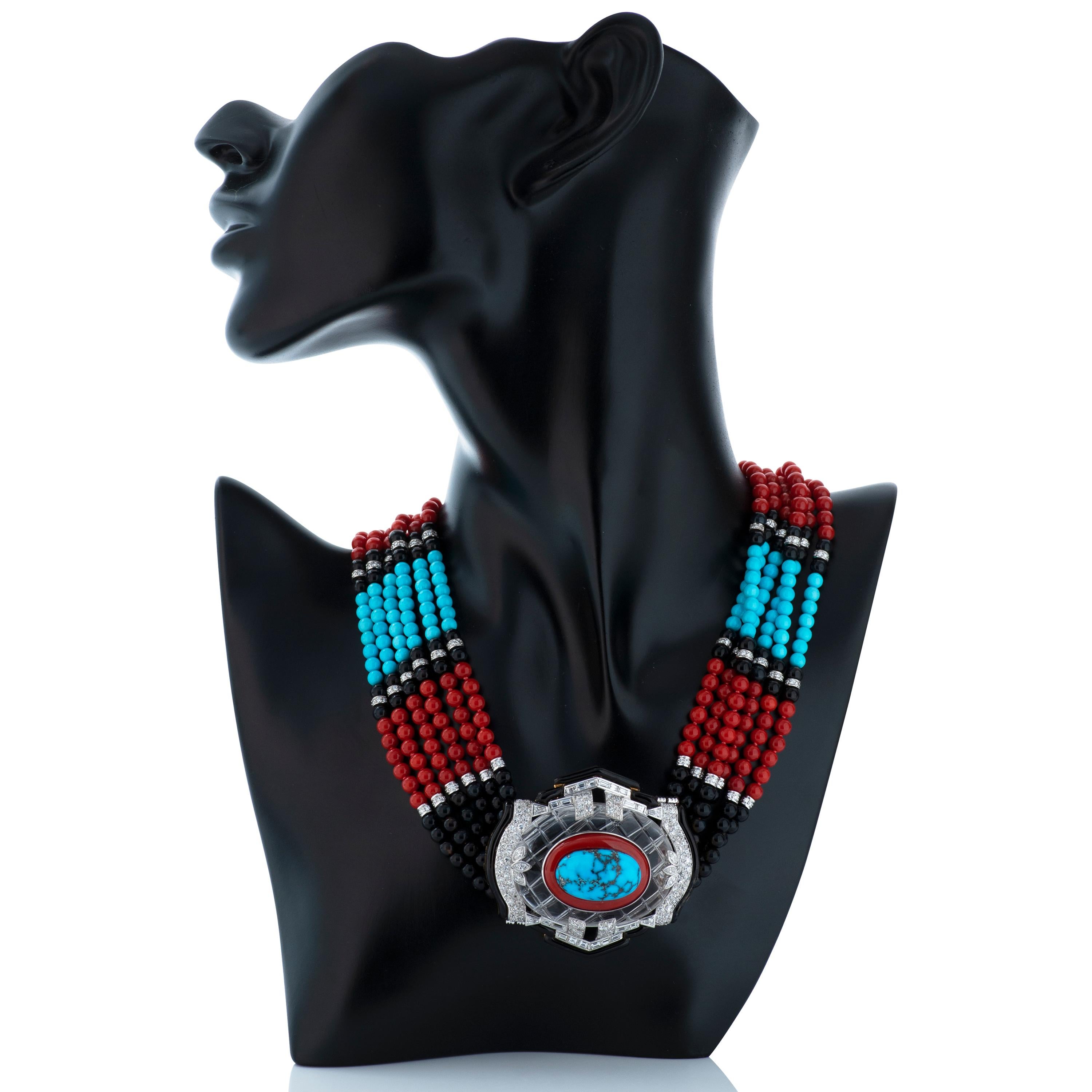 David Webb multi-strand necklace featuring cabochon turquoise, carved rock crystal, coral, turquoise and onyx beads, approximately 3.17 carats of round brilliant-cut diamonds and black enamel, set in 18k gold and platinum.  

Fits up to a 16