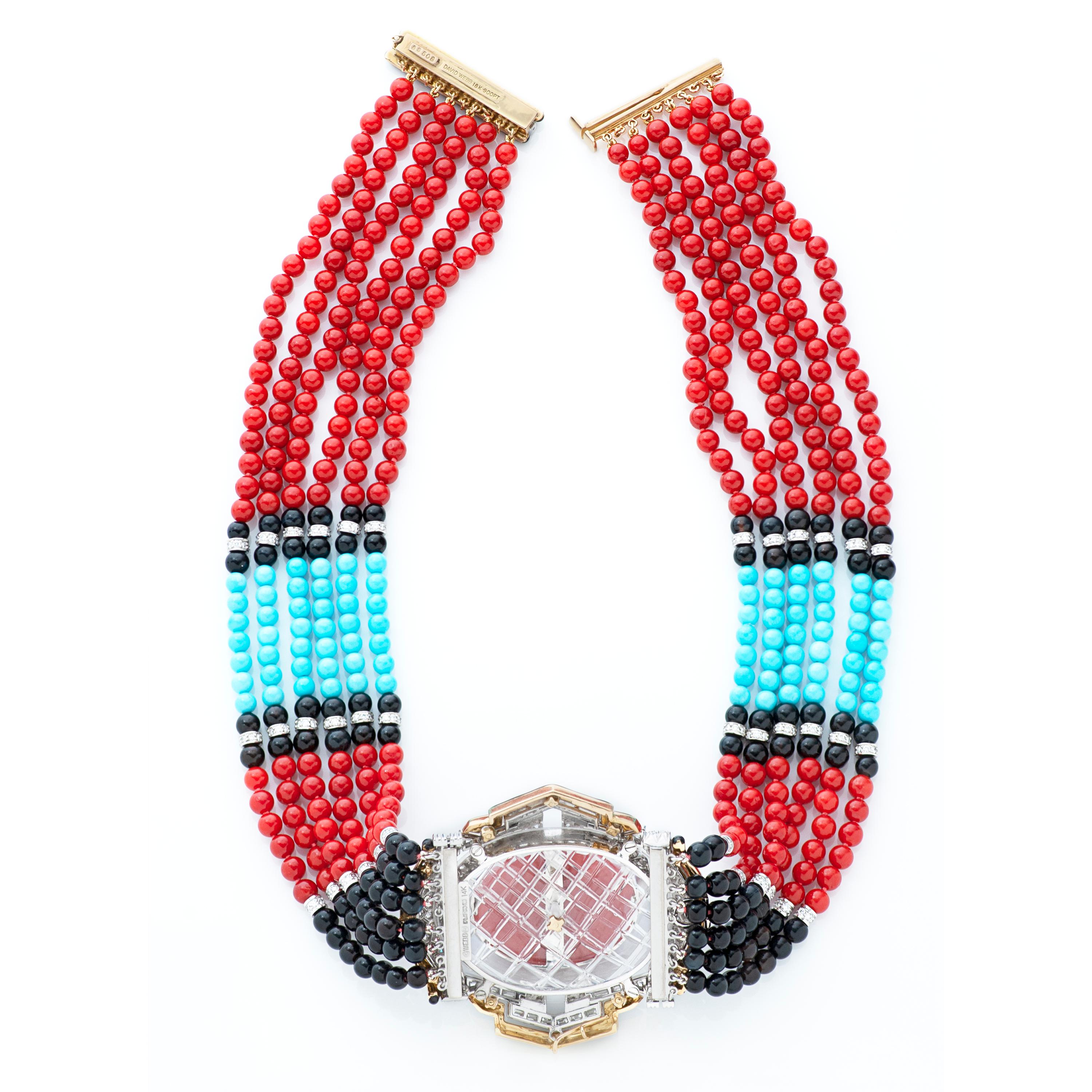 David Webb Crystal, Turquoise, Coral, Onyx, Enamel & Diamond Necklace Plat/18k In Excellent Condition In Philadelphia, PA