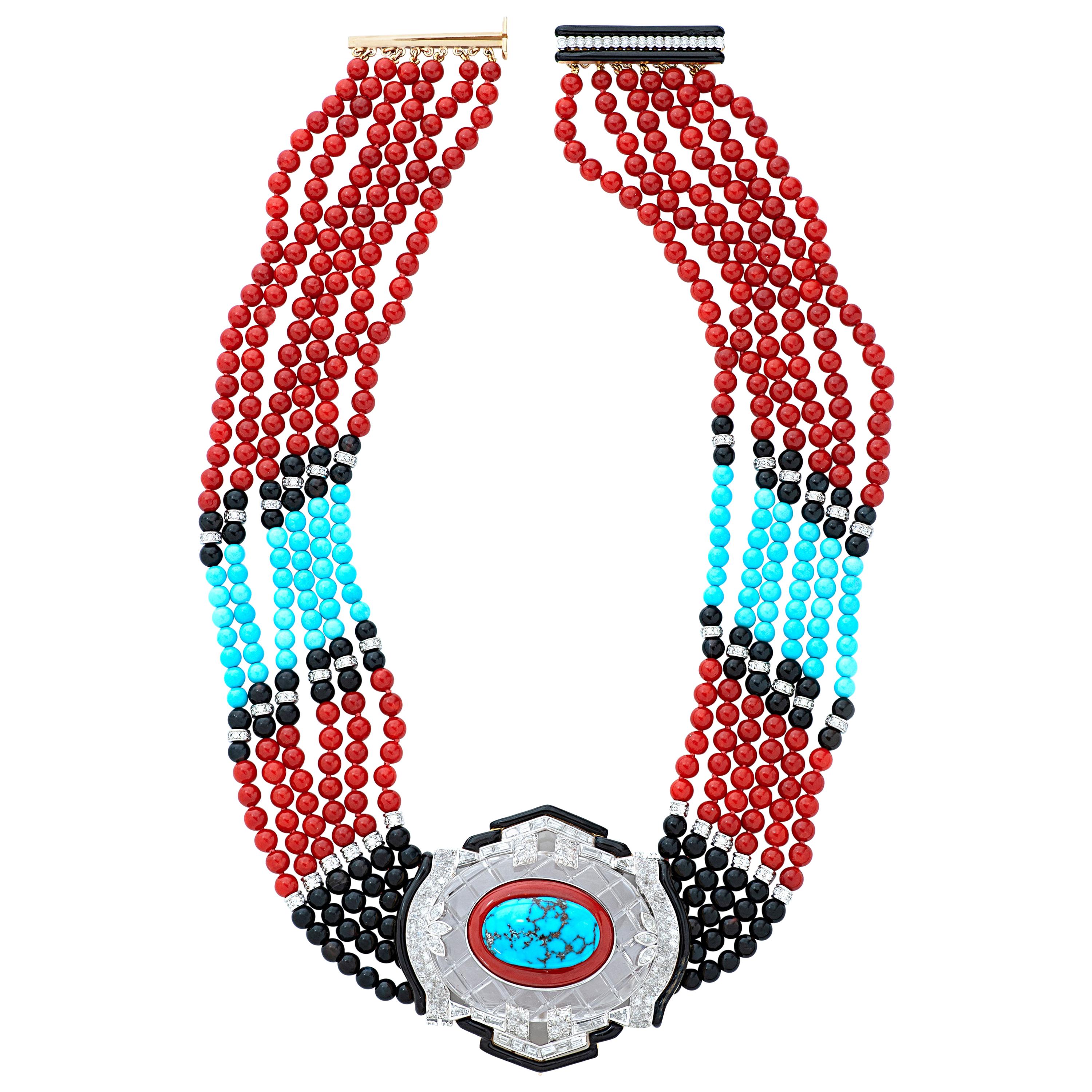 David Webb Crystal, Turquoise, Coral, Onyx, Enamel & Diamond Necklace Plat/18k