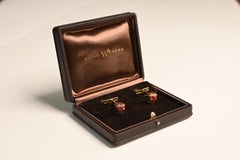 David Webb 18 Karat Yellow Gold Cufflinks. Burgundy Green Enamel Tiger Head