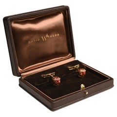 David Webb 18 Karat Yellow Gold Cufflinks. Burgundy Green Enamel Tiger Head