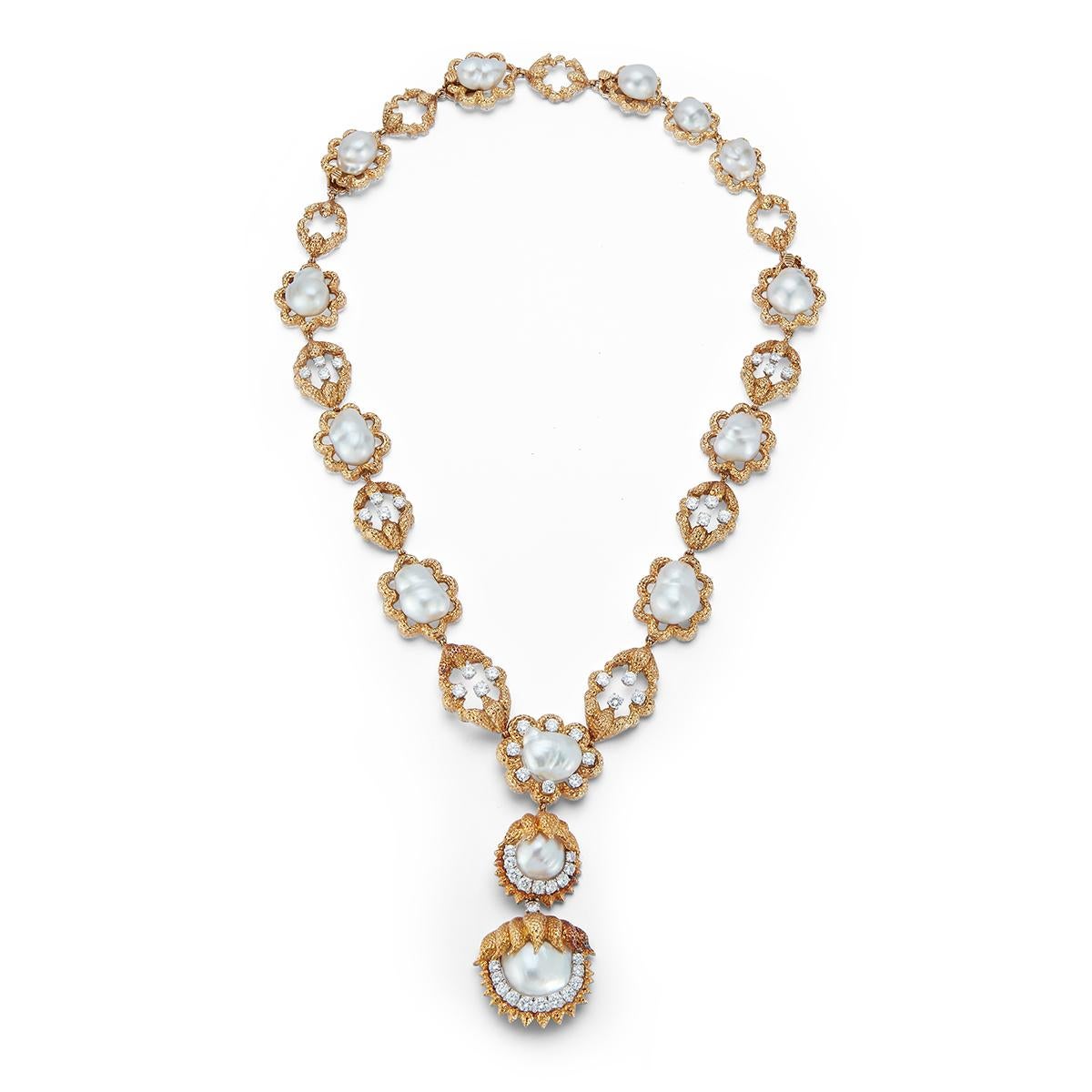 David Webb Cultured Pearl & Diamond Sautoir Necklace 
2 removable pendants & converts into a bracelet.  
Made Circa 1960
14 cultured pearls 
Round cut diamonds approximately  13.40 Cts
Necklace Measurements: 25