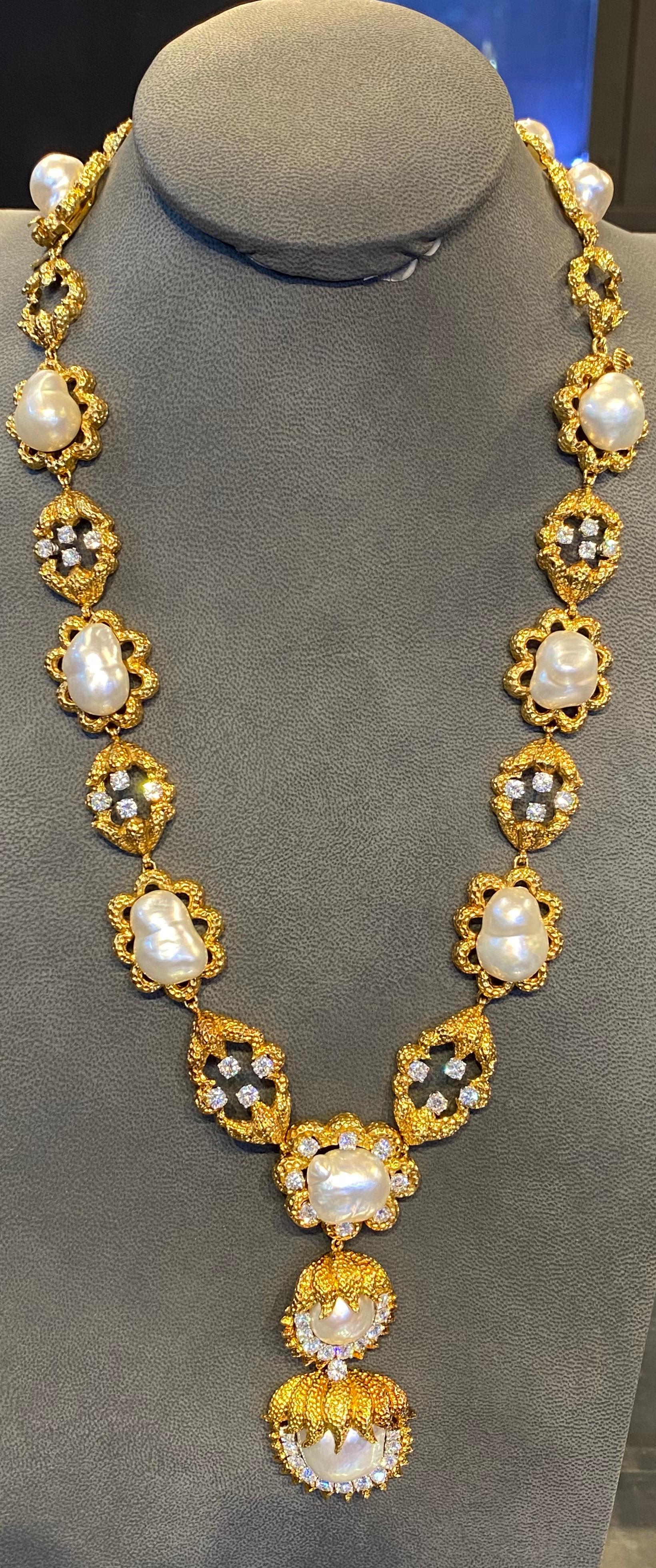 Round Cut David Webb Cultured Pearl & Diamond Sautoir Necklace
