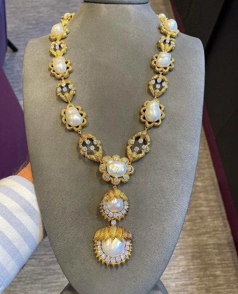 David Webb Cultured Pearl & Diamond Sautoir Necklace In Excellent Condition In New York, NY