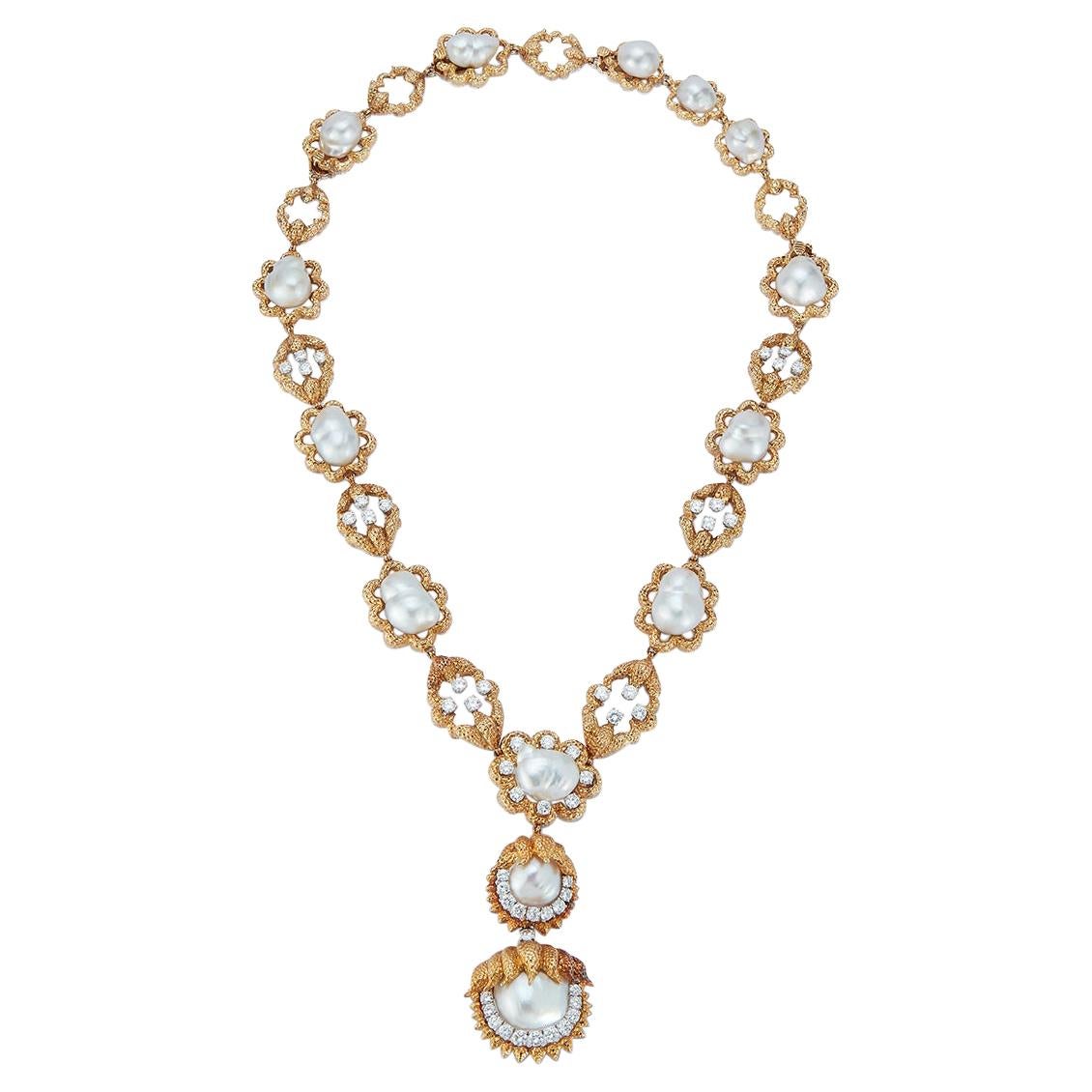David Webb Cultured Pearl & Diamond Sautoir Necklace