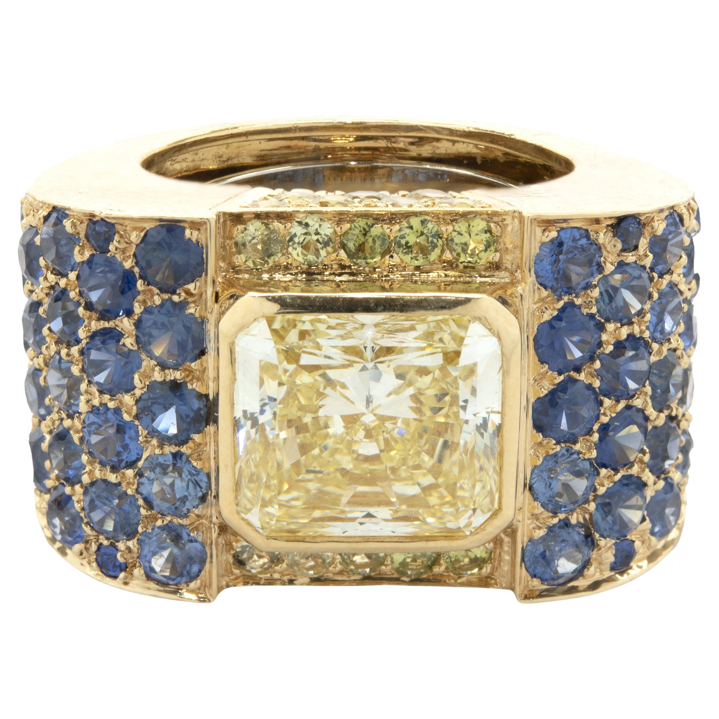 David Webb Custom Designed Fancy Yellow Diamond and Sapphire Cocktail Ring For Sale