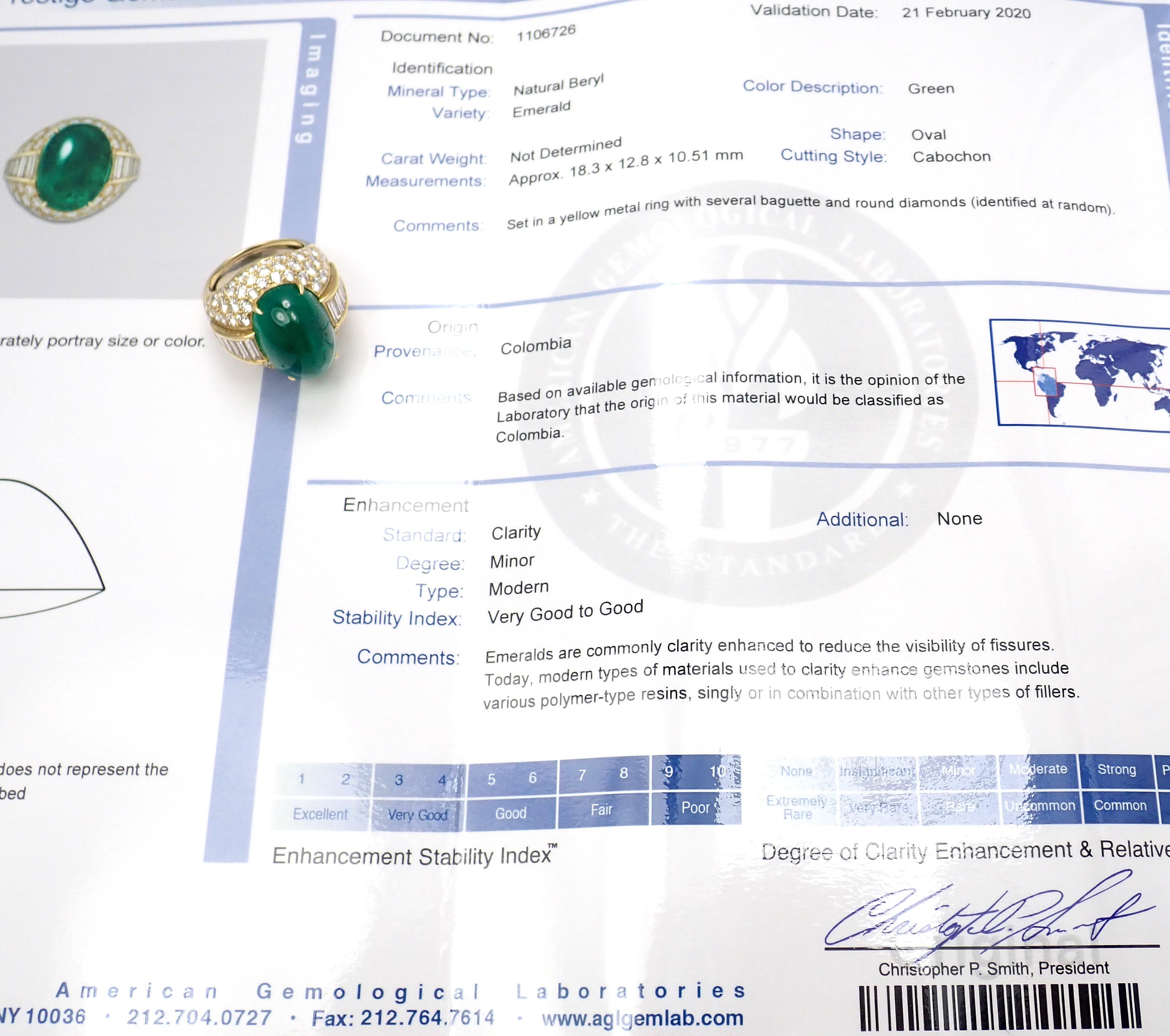 Taille cabochon David Diamond 17.91ct Large Colombian Cabochon Emerald Yellow Gold Ring AGL en vente