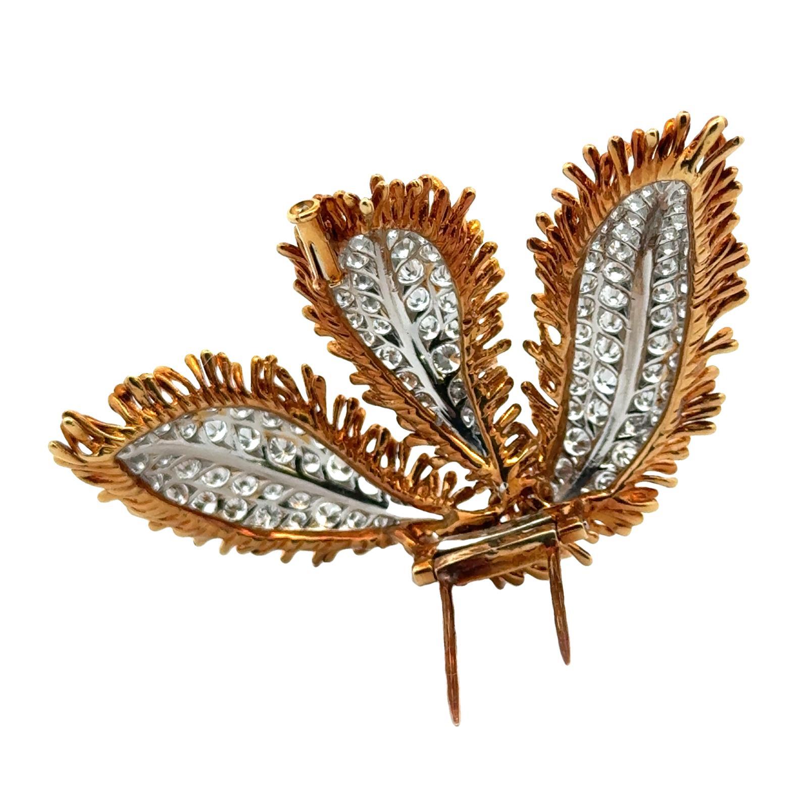 Round Cut David Webb Diamond 18 Karat Yellow Gold Platinum Vintage Leaf Brooch For Sale
