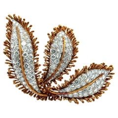 David Webb Diamond 18 Karat Yellow Gold Platinum Vintage Leaf Brooch